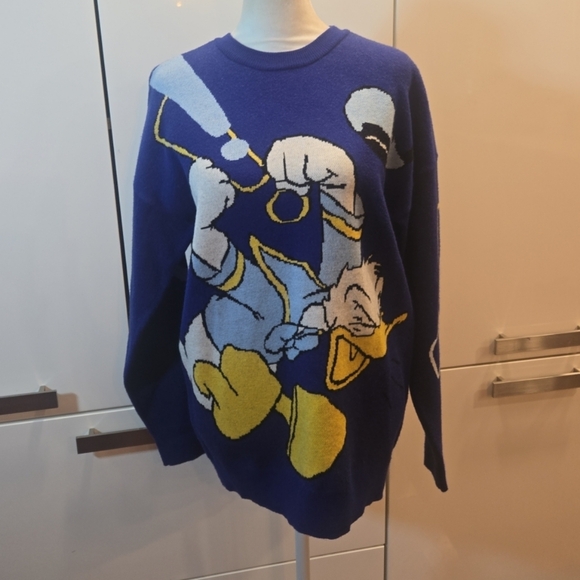 VTG Disney Angry Jumping Donald Duck Crewneck Pullover Sweater Unisex XS Blue - Picture 3 of 9